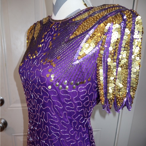 RARE FIND! Vintage Scala Purple Gold Fully Beaded Open Back Cocktail Dress - Picture 3 of 4